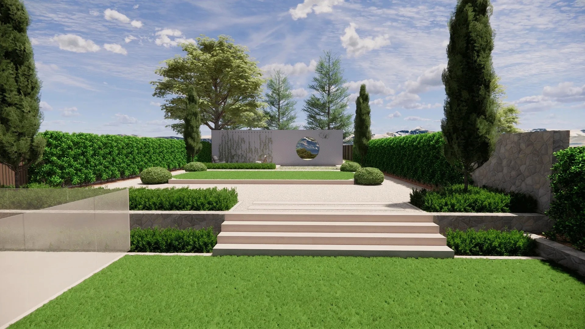 Formal courtyard garden with circular moon gate and mountain view