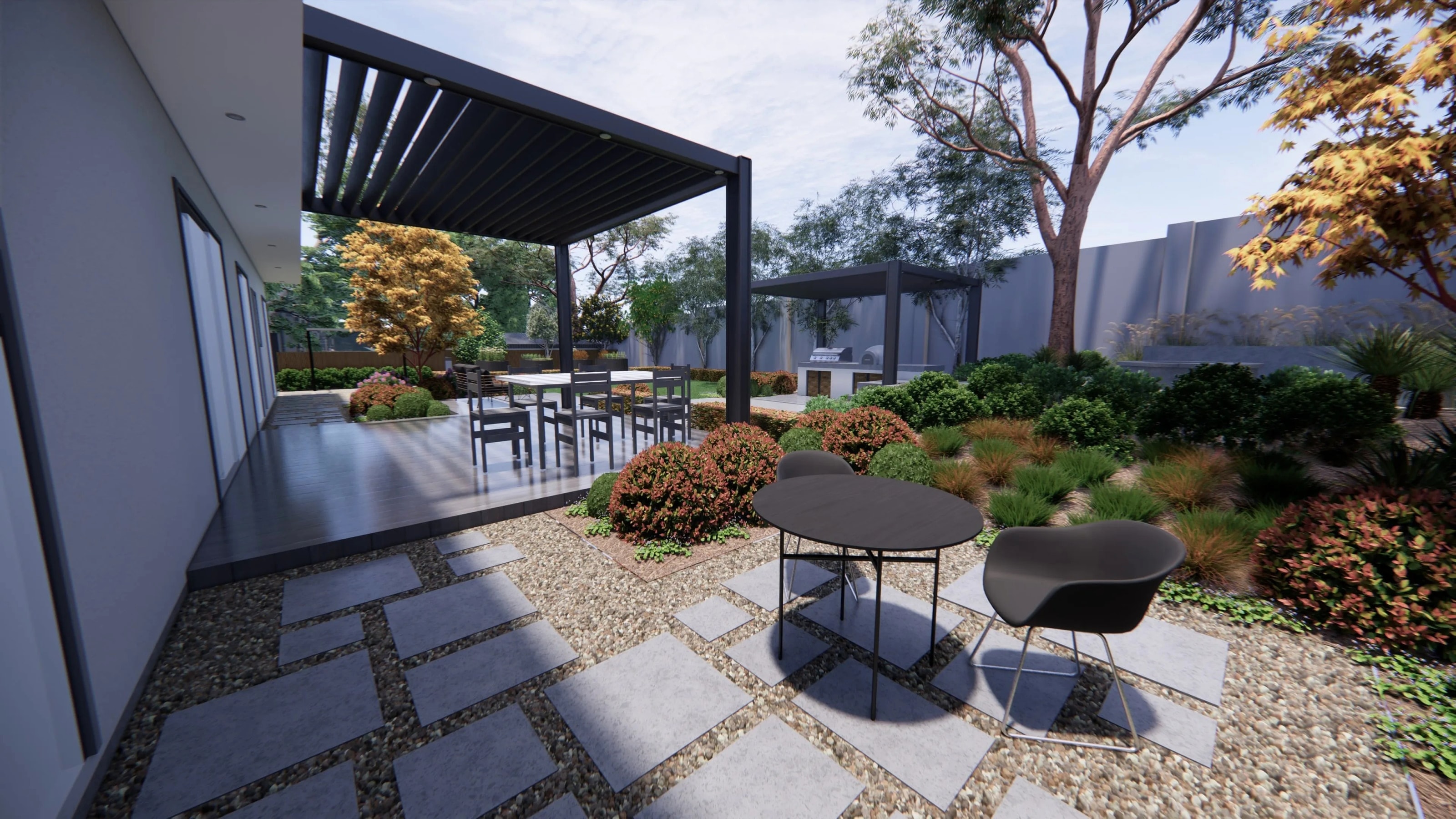 Rear yard landscape with defined planting and outdoor rooms