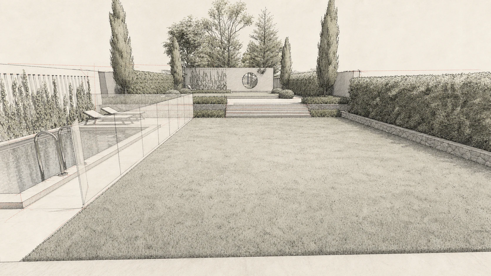 Concept sketch of a landscape design with pool, lawn and moon gate