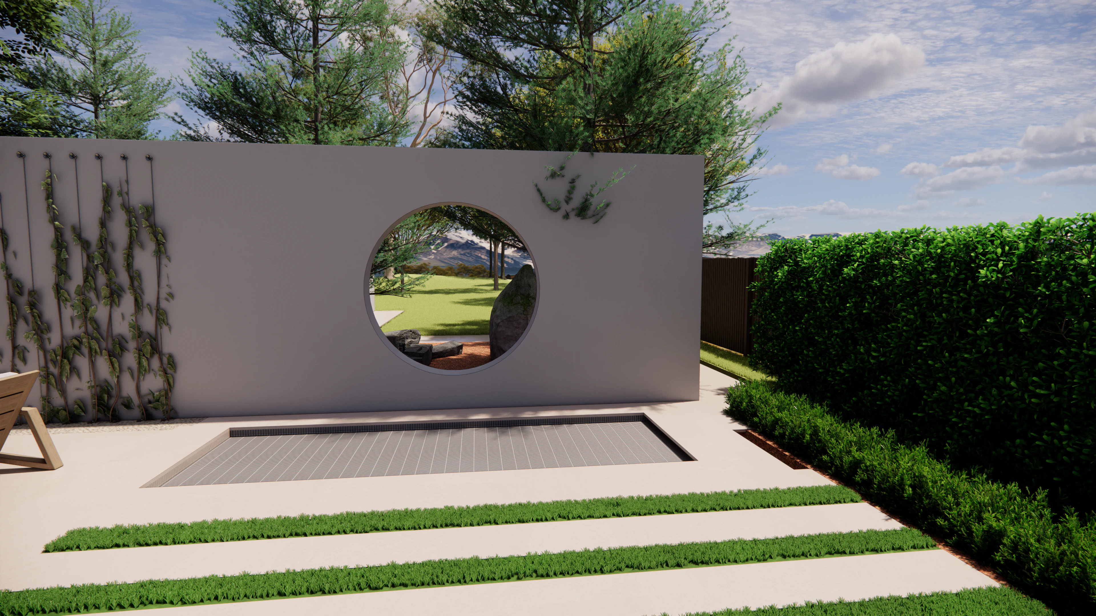 Presentation render of the moon gate and upper terrace