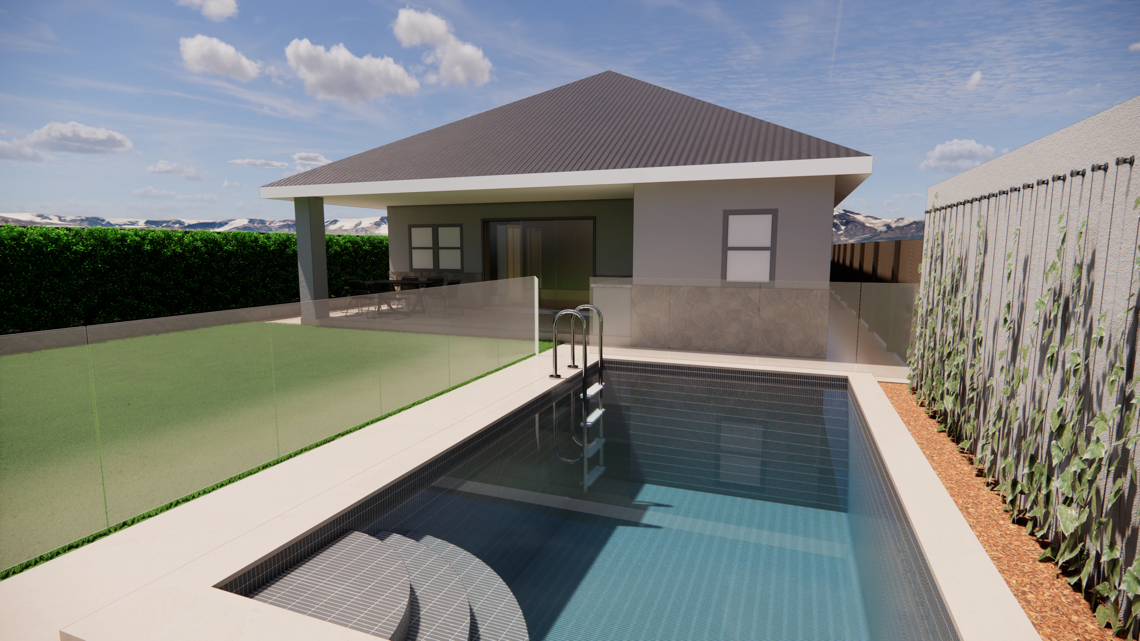 Presentation render of the swimming pool and rear house interface